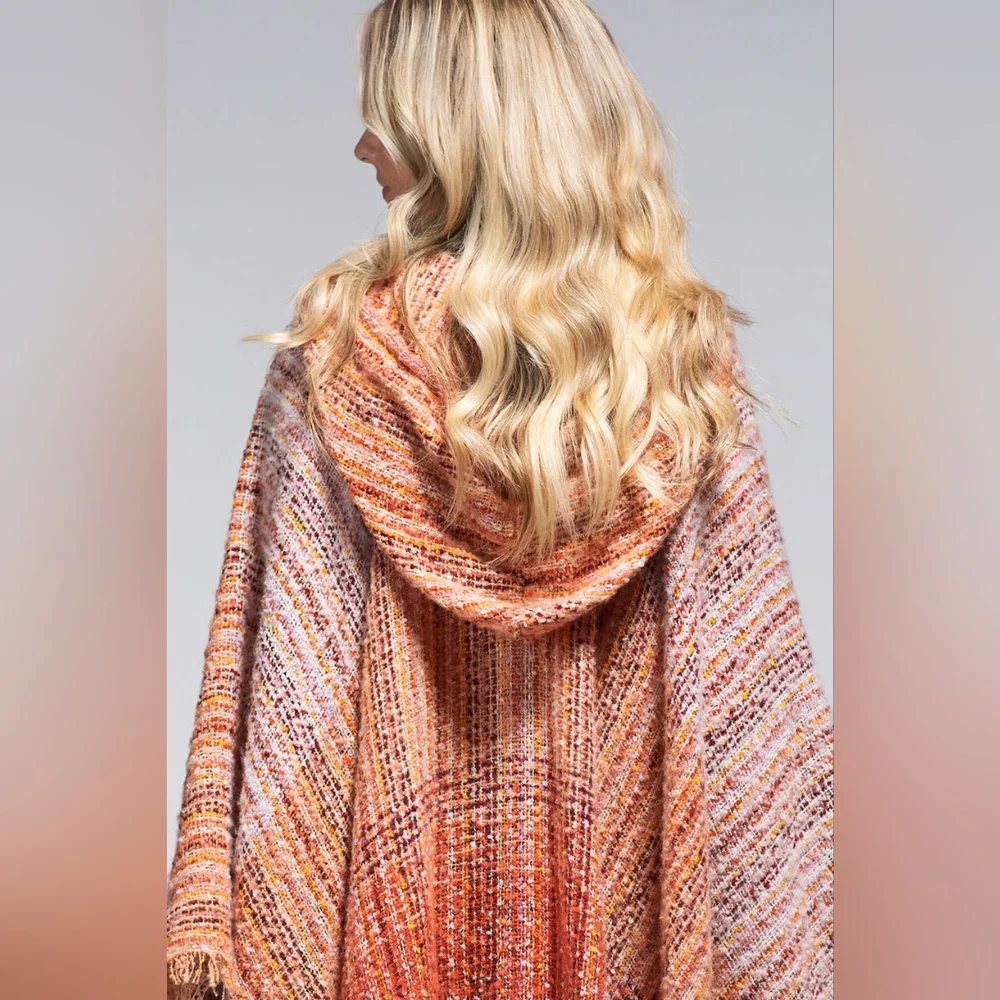Autumn Sunrise Hooded Ruana - Bottom & Side Fringe - Multicolored Yarns - Picture 2 of 7